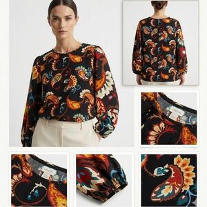 New Chico's Mixed Media Paisley Puff-Sleeve Top Cotton Sz XXL Chicos 4 Knit Tee